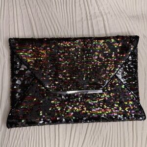 BCBG Harlow Sequin Envelope Clutch in Black with Silver and Multicolored Sequins